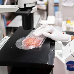 Raychel Lewis, cell culture technician, setting up equipment to test COVID-19 samples